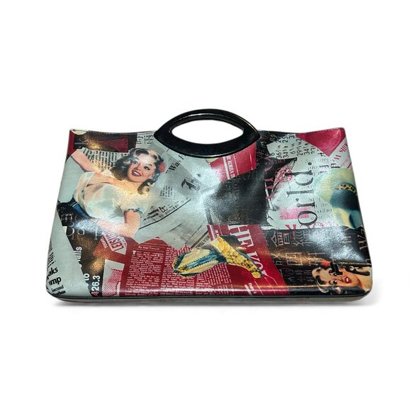 Jeanne Lottie Vintage Newspaper Print Clutch Lucite Handles Statement Bag Bold - Picture 4 of 14